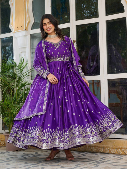 Beautiful Purple Color American Silk With Sequence Work Anarkali Gown