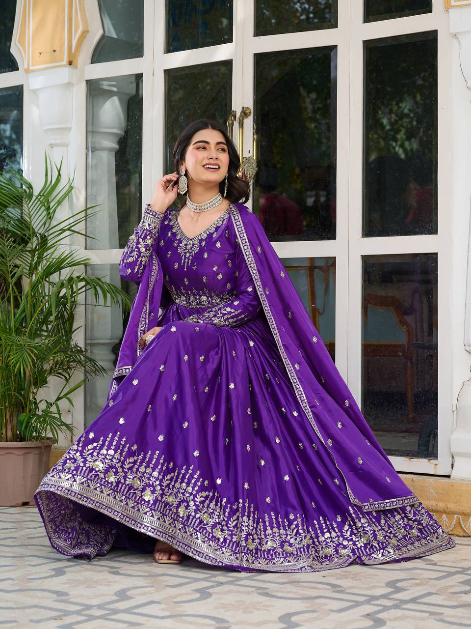 Beautiful Purple Color American Silk With Sequence Work Anarkali Gown