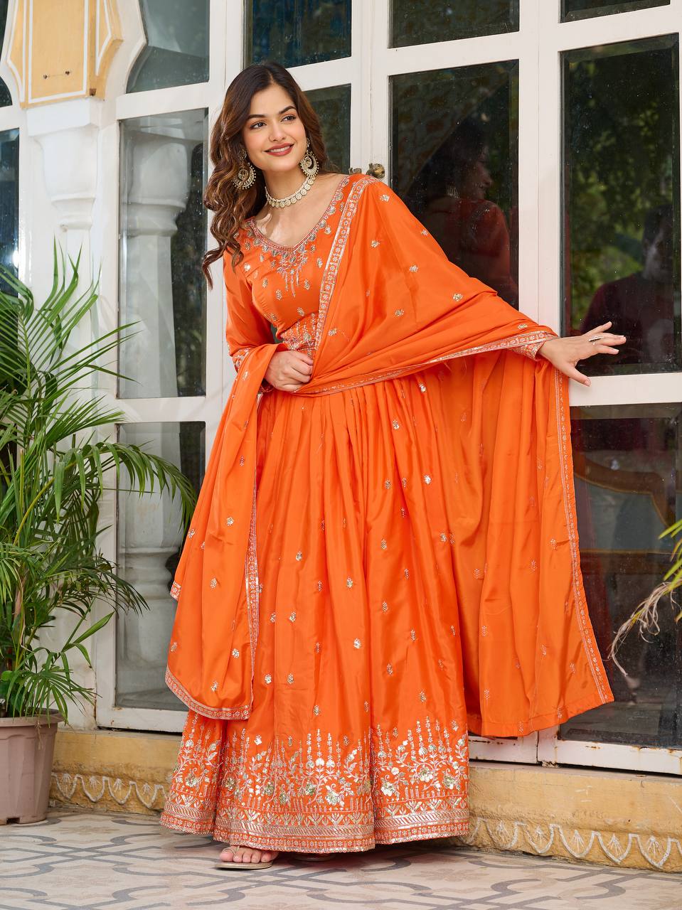 Orange Color American Silk With Thread And Sequence Work Anarkali Gown