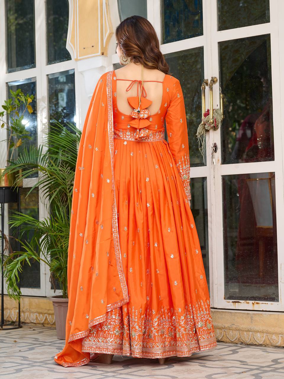 Orange Color American Silk With Thread And Sequence Work Anarkali Gown