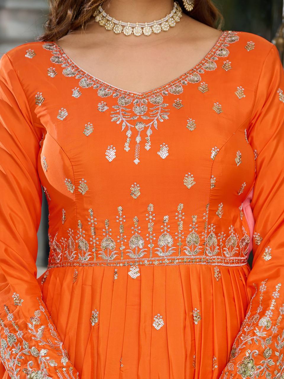 Orange Color American Silk With Thread And Sequence Work Anarkali Gown