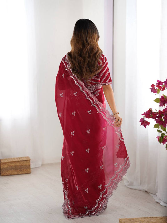 Heavy Red Color Wedding Wear Saree for Women