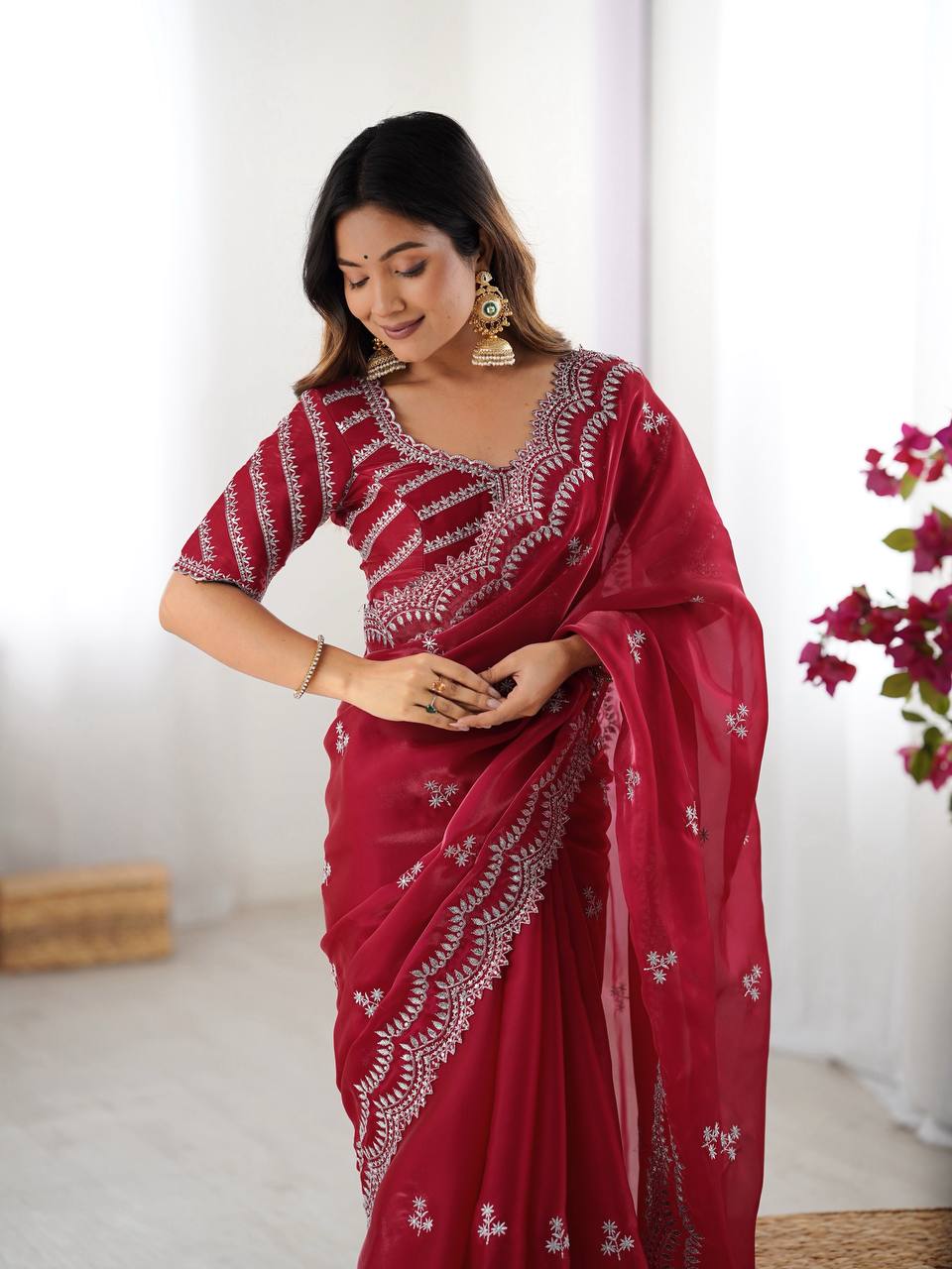 Heavy Red Color Wedding Wear Saree for Women