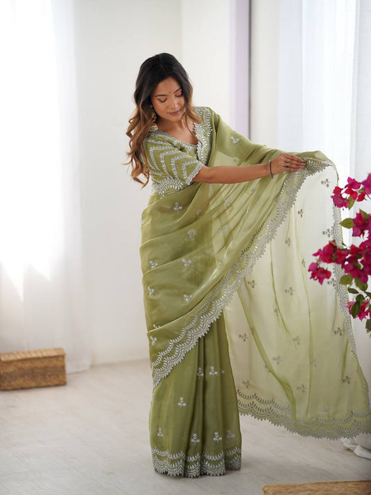Pista Green Color Jimmy Chu Silk Party Wear Saree