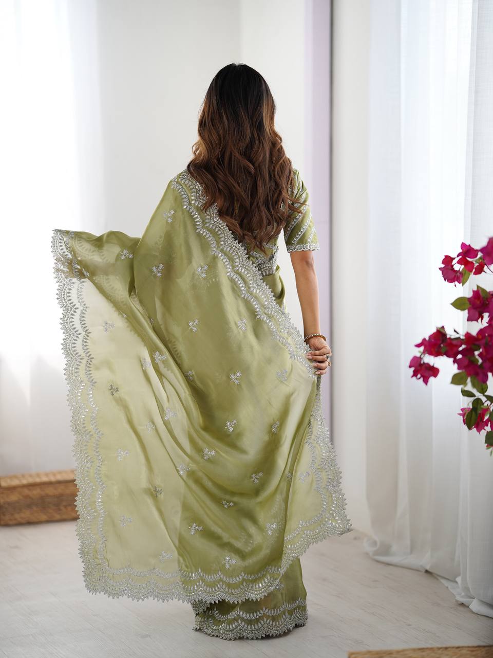 Pista Green Color Jimmy Chu Silk Party Wear Saree