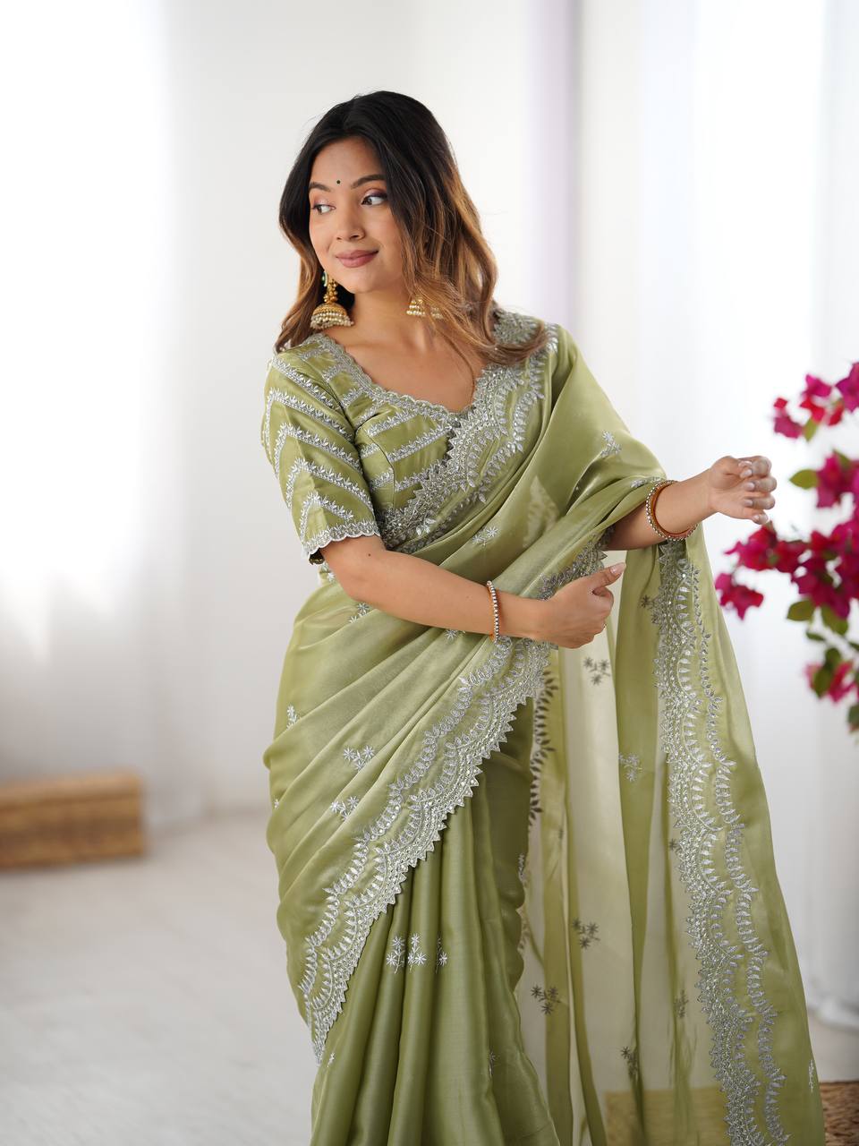 Pista Green Color Jimmy Chu Silk Party Wear Saree