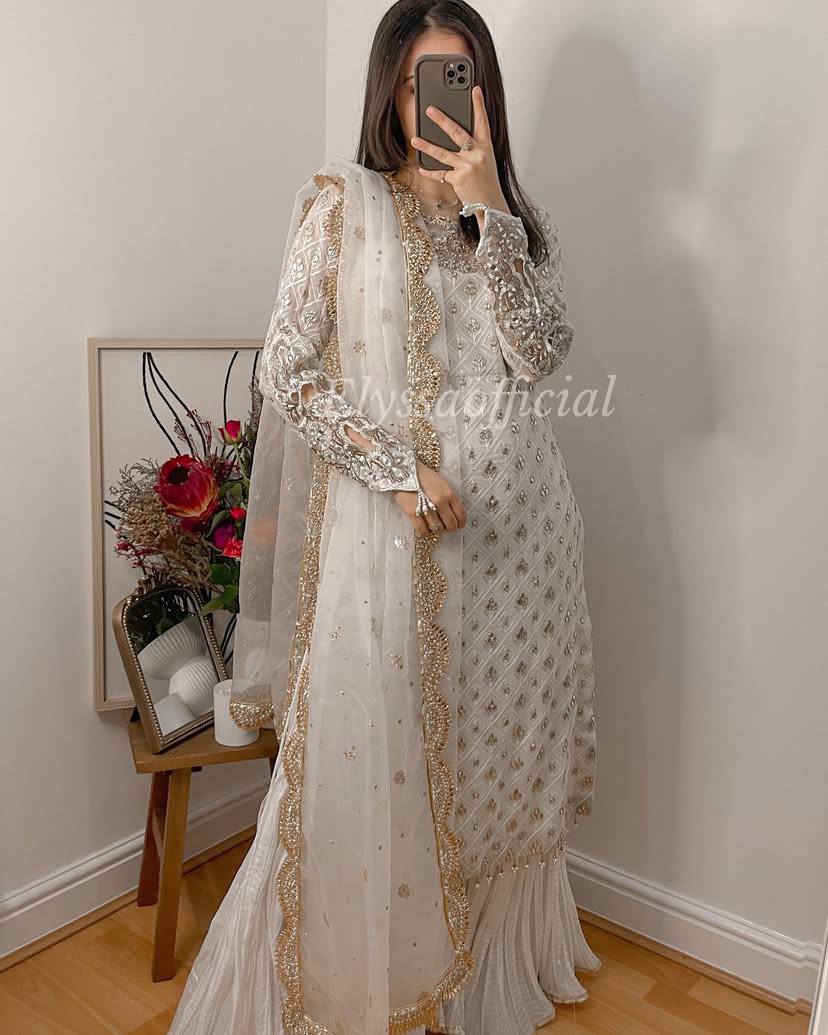 White Color Faux Georgette With Sequence Work Sharara Suit