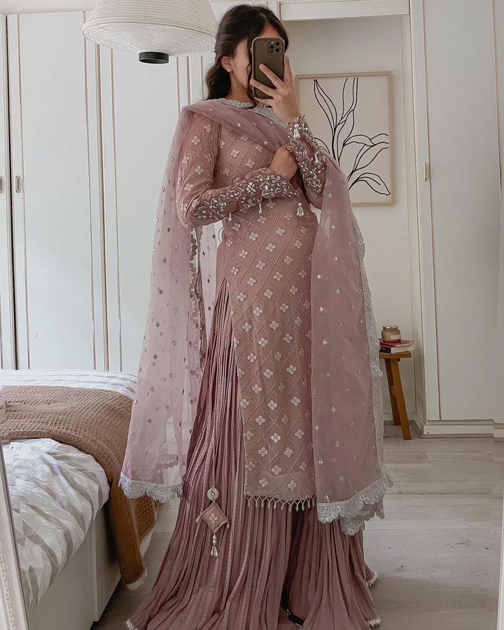 Coffee Color Faux Georgette With Sequence Work Sharara Suit
