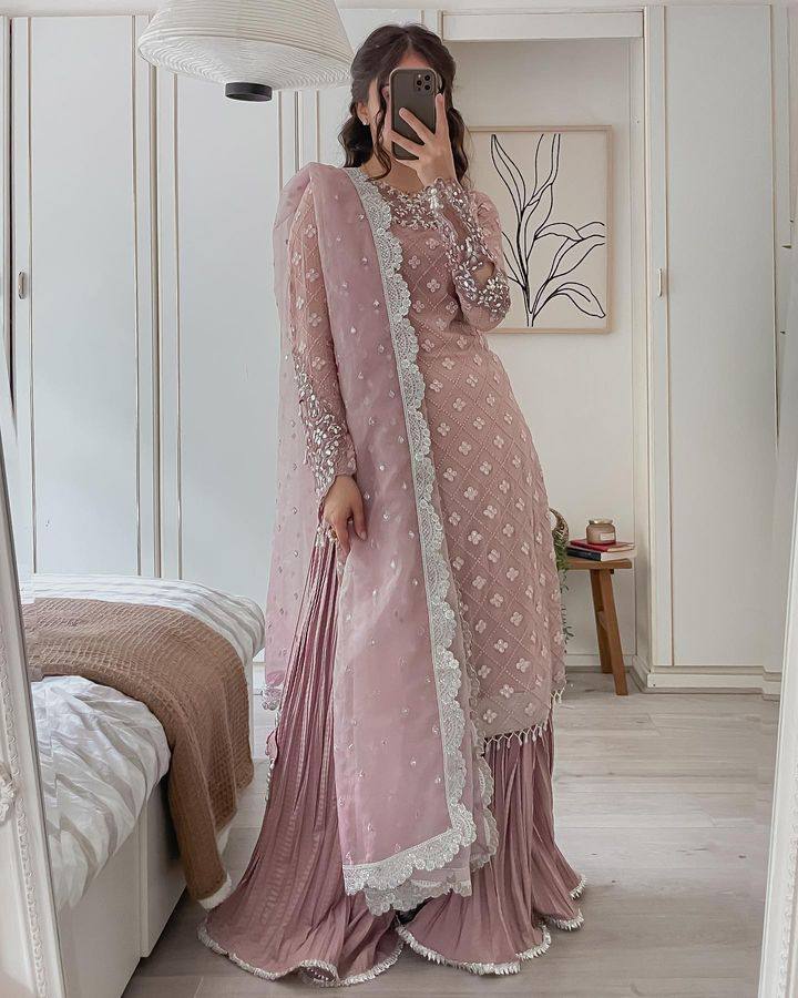 Coffee Color Faux Georgette With Sequence Work Sharara Suit
