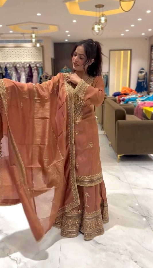 Designer Chinon Silk Light Orange Embroidery Work Sharara Suit