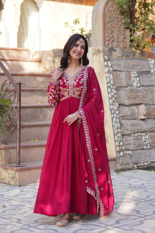 Red Color Faux Georgette With Embroidery Work Gown