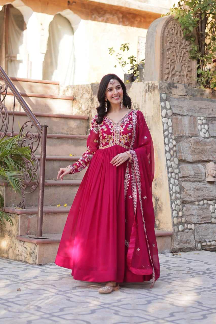 Red Color Faux Georgette With Embroidery Work Gown