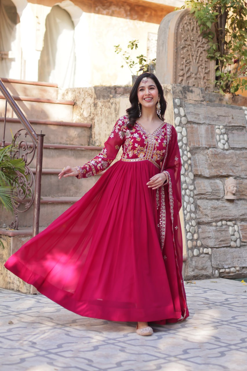 Red Color Faux Georgette With Embroidery Work Gown