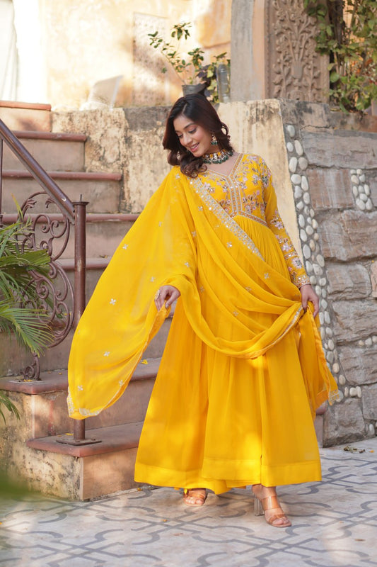 Yellow Color Embroidery With Sequence Long Gown With Dupatta