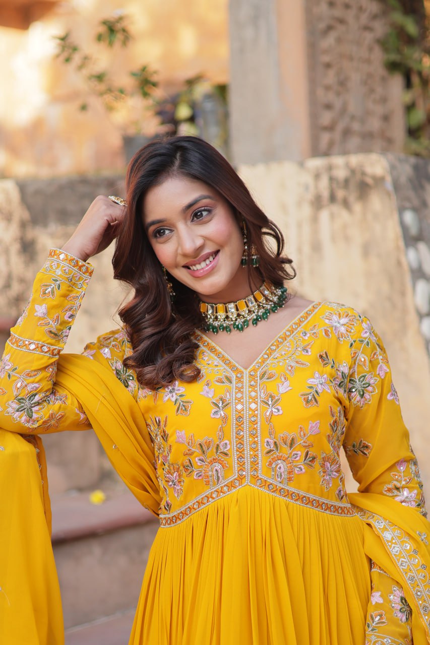 Yellow Color Embroidery With Sequence Long Gown With Dupatta