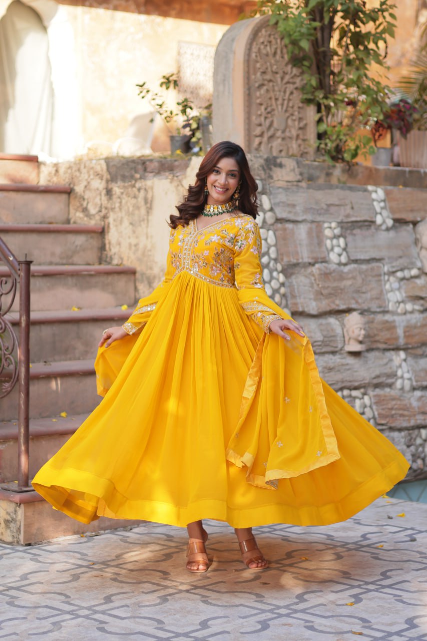 Yellow Color Embroidery With Sequence Long Gown With Dupatta