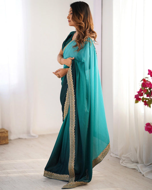 Sky Blue And Rama Color Chinon Silk With Thread Work Saree