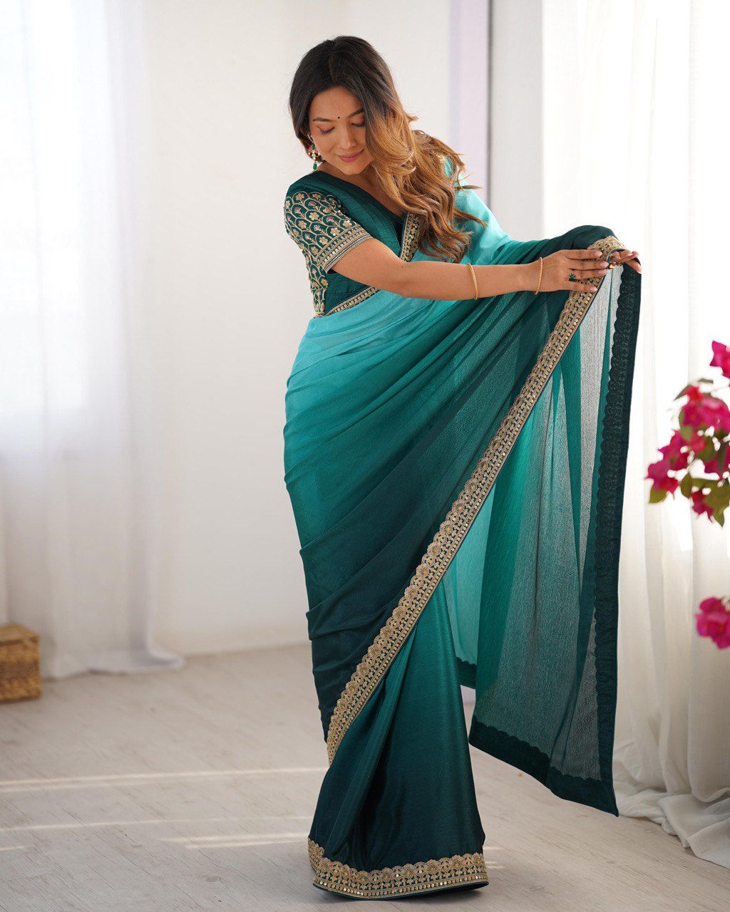 Sky Blue And Rama Color Chinon Silk With Thread Work Saree