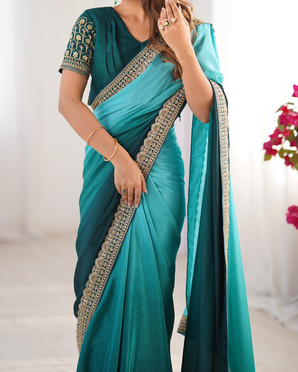 Sky Blue And Rama Color Chinon Silk With Thread Work Saree