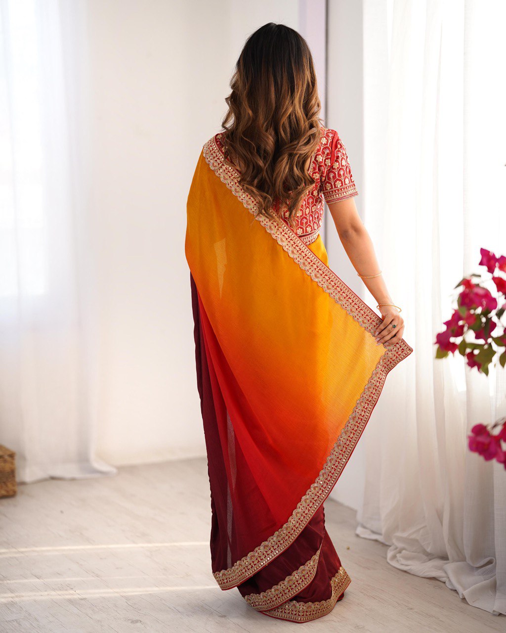 Multi Color Festive Wear Chinon Silk Saree For Women
