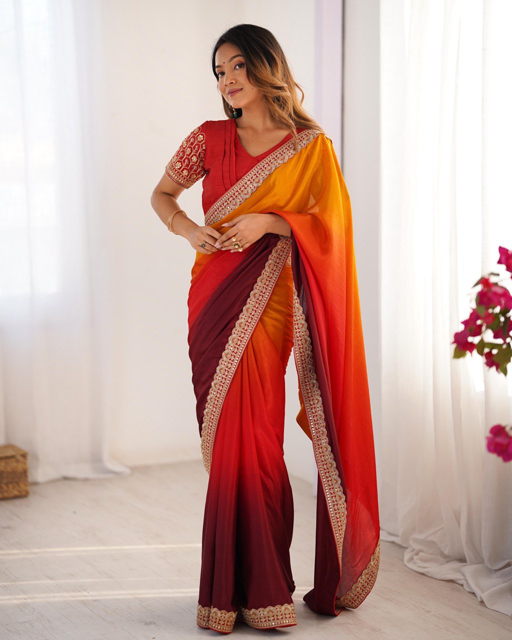 Multi Color Festive Wear Chinon Silk Saree For Women