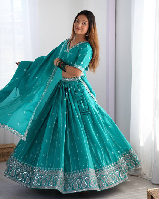 Sky Blue Color Shimmer Silk Thread With Sequence Work Lehenga Choli