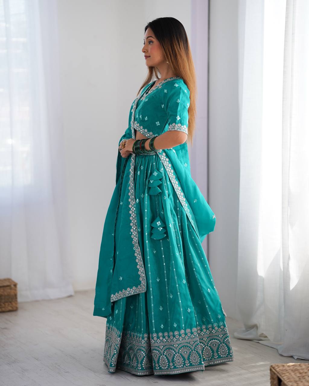 Sky Blue Color Shimmer Silk Thread With Sequence Work Lehenga Choli