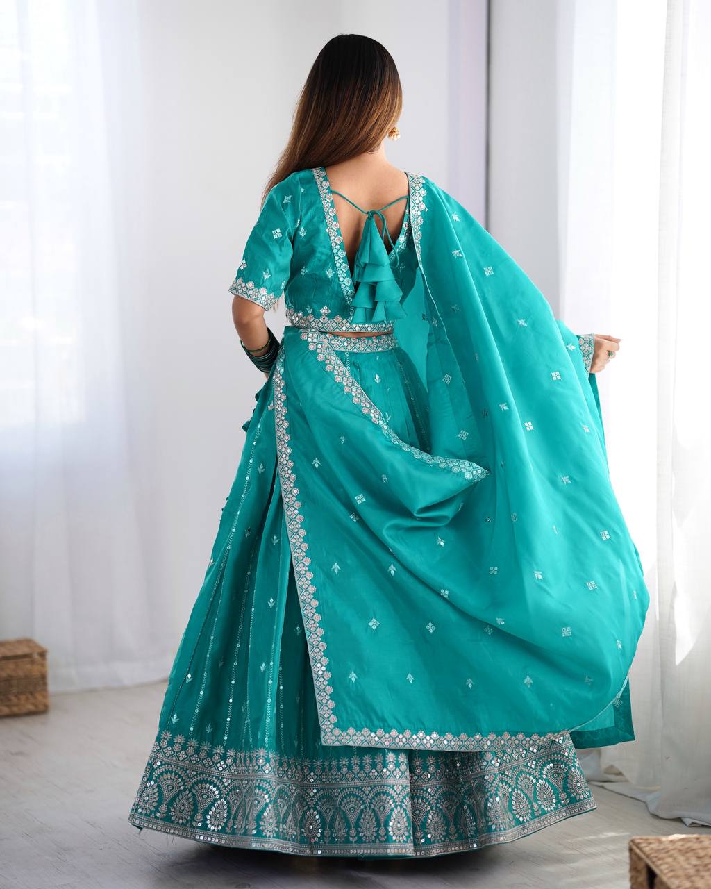 Sky Blue Color Shimmer Silk Thread With Sequence Work Lehenga Choli