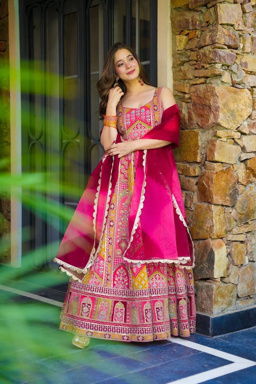 Multi Color Jimmy Organza Silk With Digital Printed Anarkali Gown