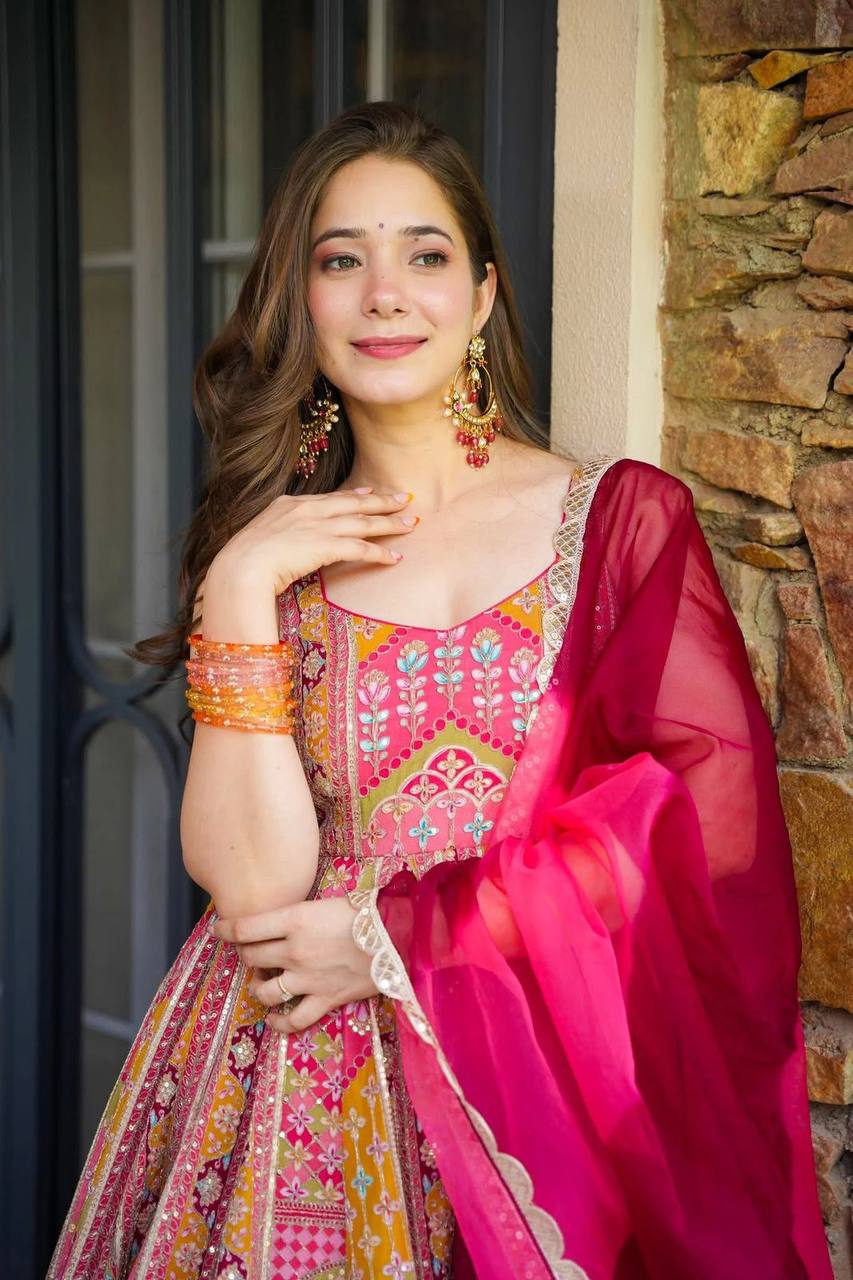 Multi Color Jimmy Organza Silk With Digital Printed Anarkali Gown