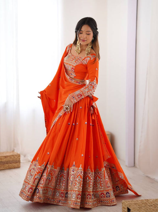 Orange Color Natural Creap Silk Wear Wedding Wear Lehenga Choli