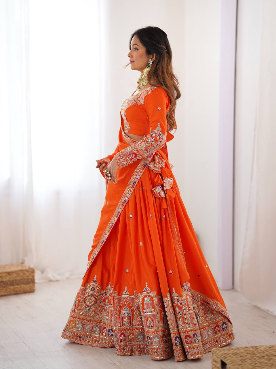 Orange Color Natural Creap Silk Wear Wedding Wear Lehenga Choli
