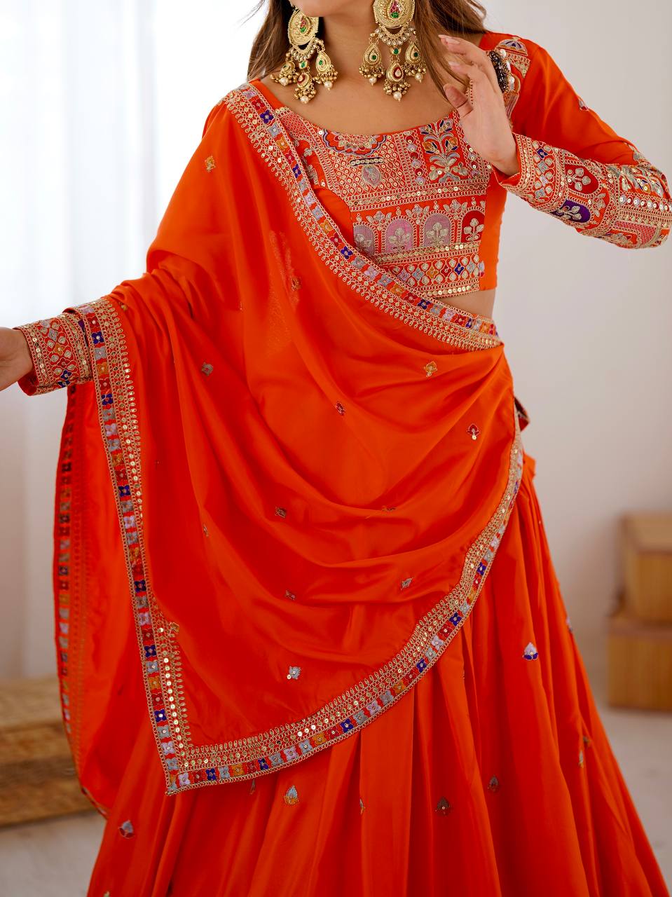 Orange Color Natural Creap Silk Wear Wedding Wear Lehenga Choli