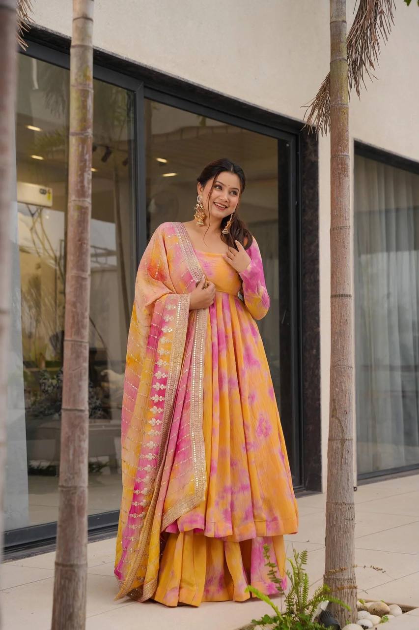 Designer Orange And Pink Color Digital Printed Work Long Gown