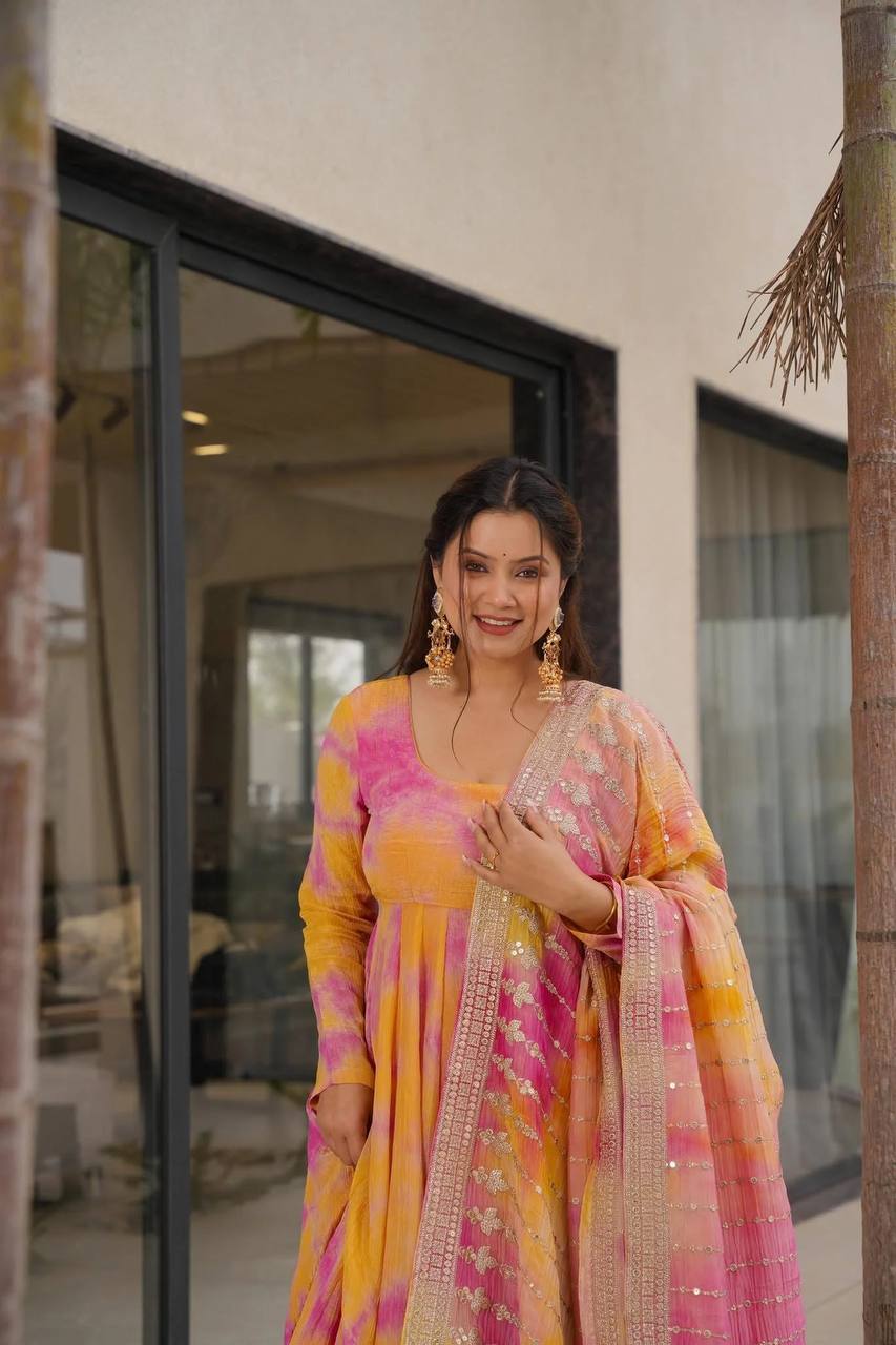 Designer Orange And Pink Color Digital Printed Work Long Gown