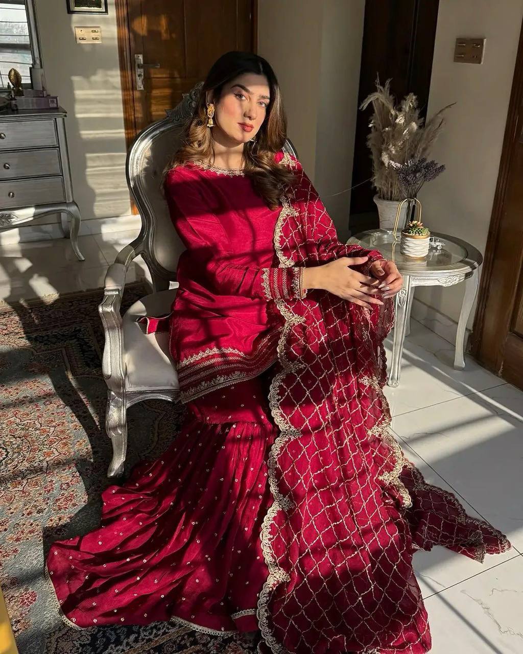 Red Color Faux Georgette With Sequence Work Gharara Suit For Women