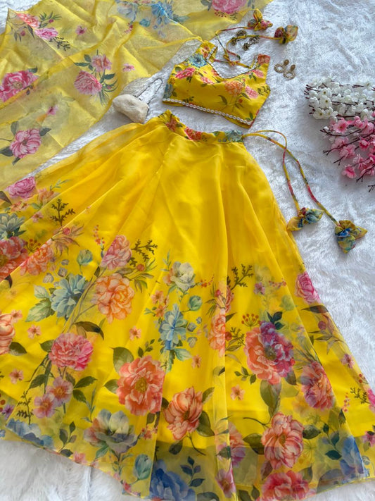 Yellow Color Organza Silk With Digital Printed Lehenga Choli