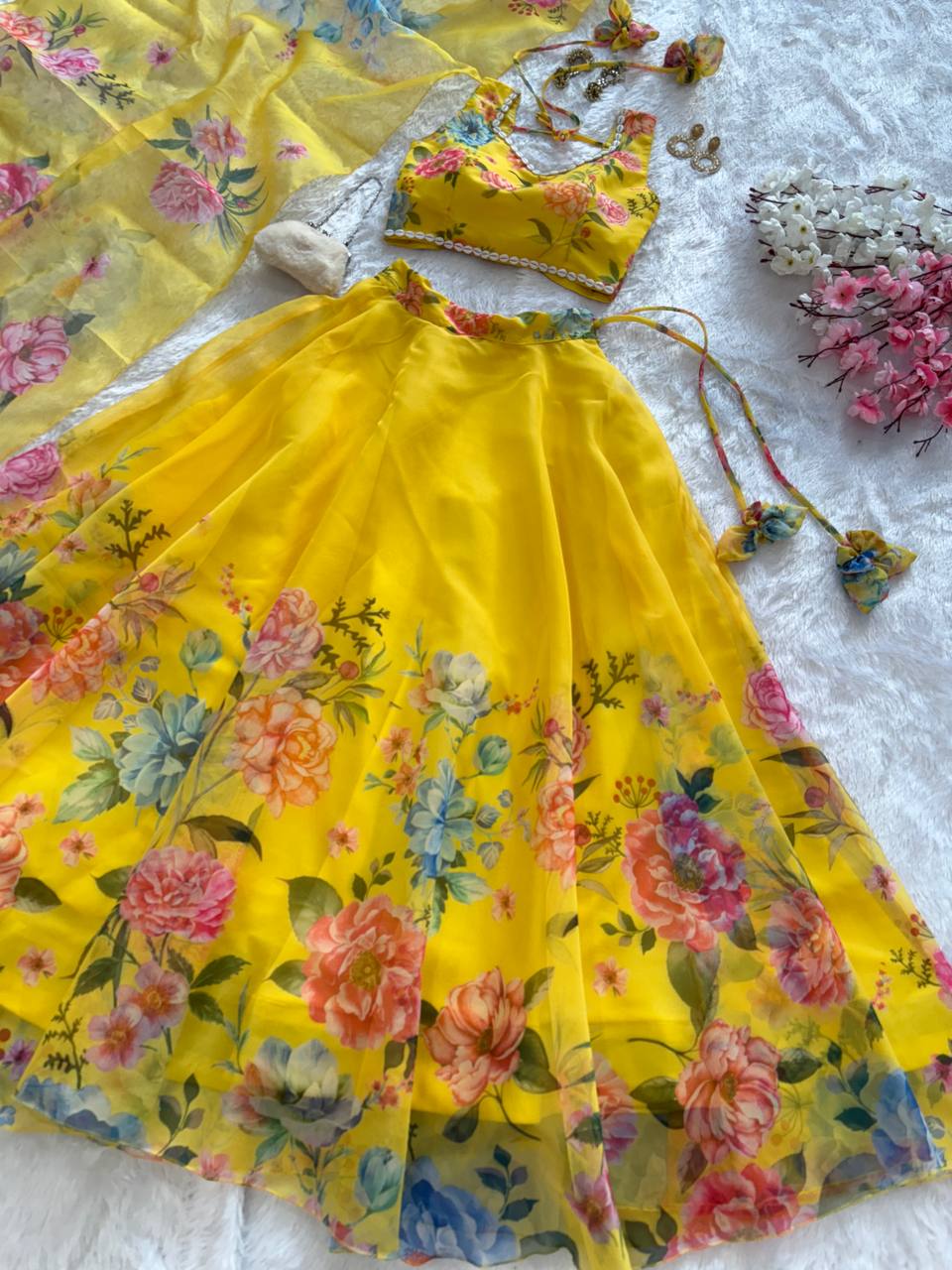 Yellow Color Organza Silk With Digital Printed Lehenga Choli