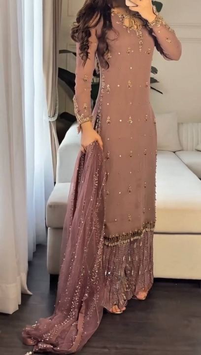 Coffee Color Georgette With Sequence Work Plazoo Suit For Women