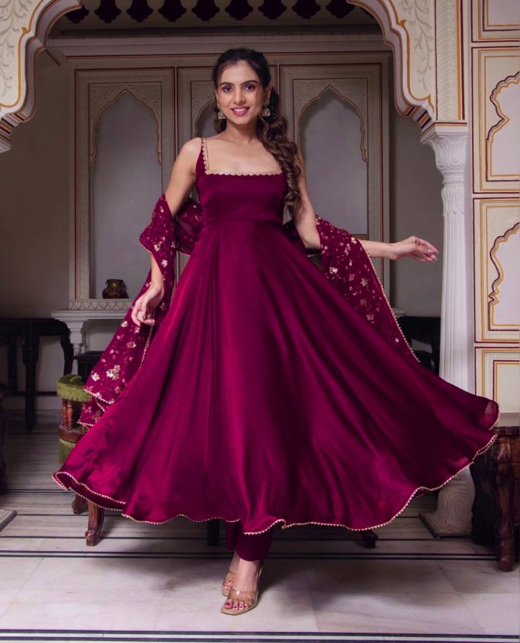 Rani Pink Designer Long Gown With Pent And Dupatta