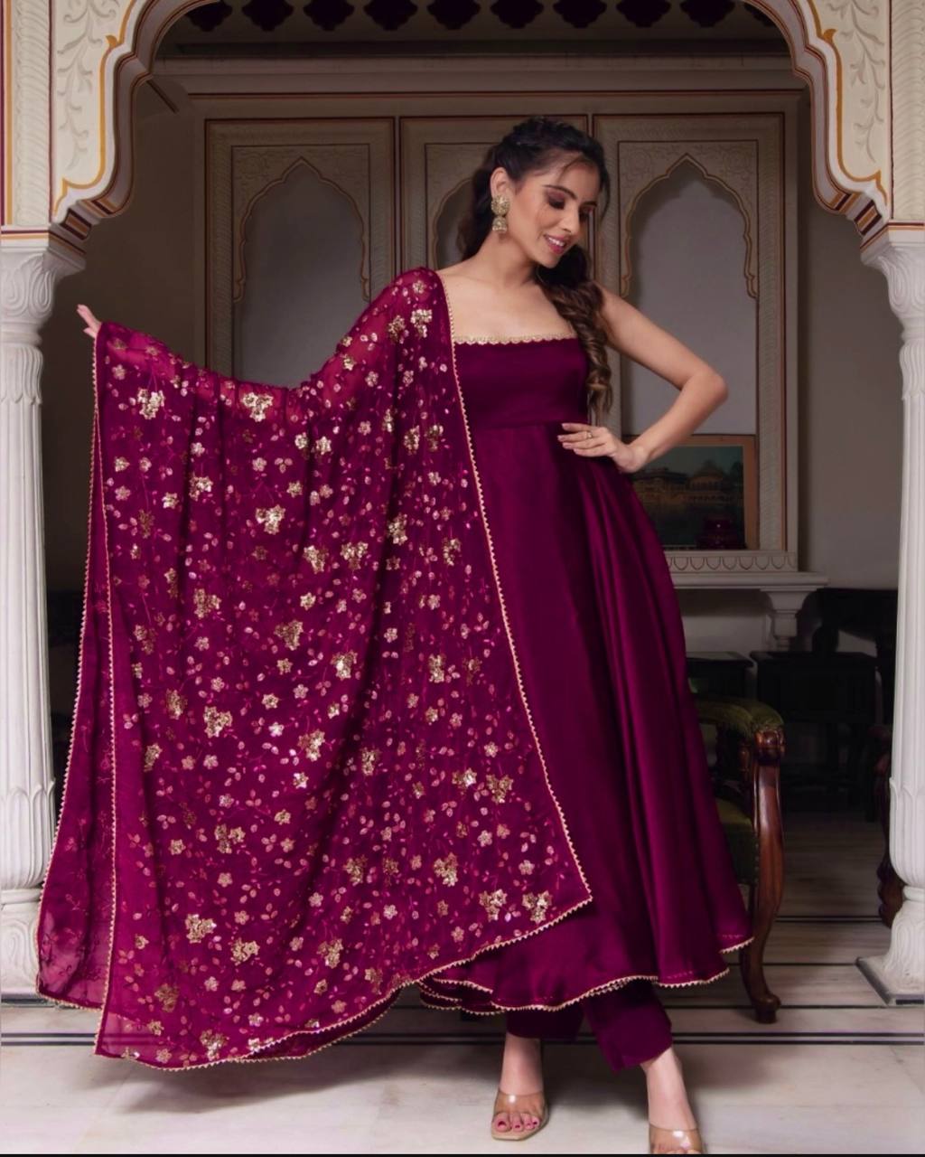 Rani Pink Designer Long Gown With Pent And Dupatta