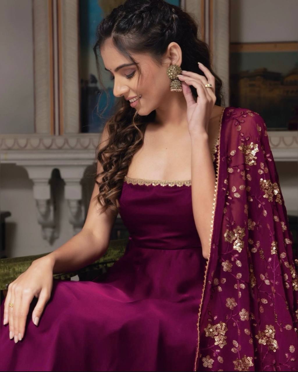 Rani Pink Designer Long Gown With Pent And Dupatta