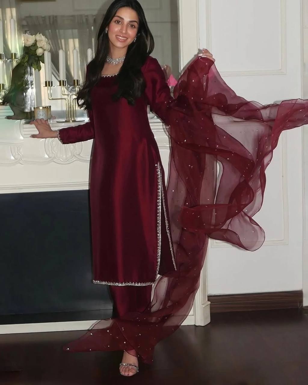Red Color Pure Jimmy Chu Silk Sequence Work Suit