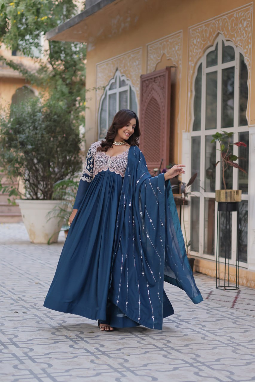 Rama Color Georgette With Embroidery Work Gown