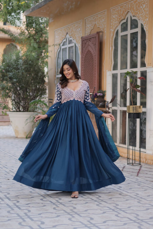 Rama Color Georgette With Embroidery Work Gown