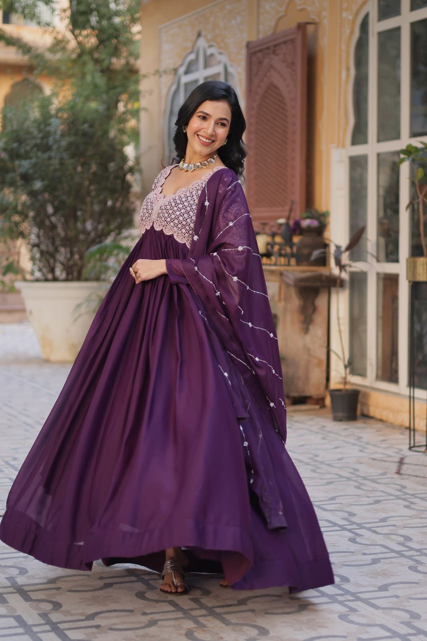 Purple Color Georgette With Embroidery And Sequence Work Gown