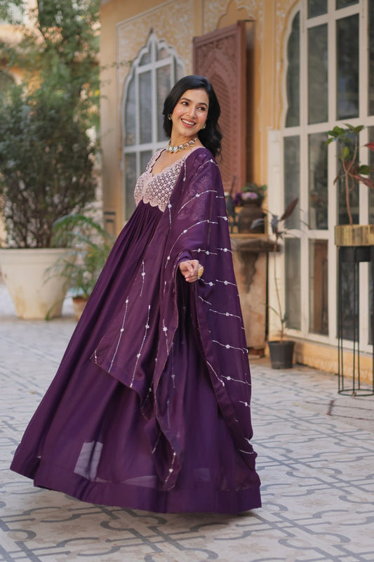 Purple Color Georgette With Embroidery And Sequence Work Gown