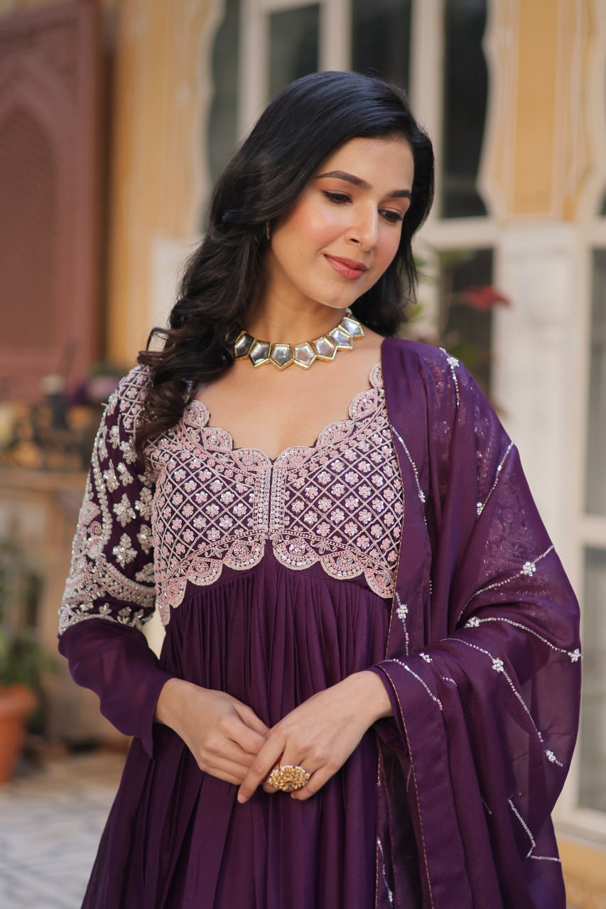 Purple Color Georgette With Embroidery And Sequence Work Gown