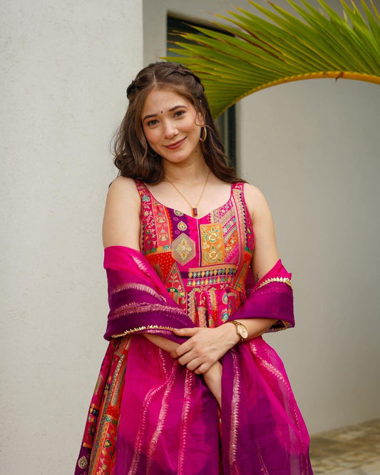 Pink Color With Multi Color Digital Printed Fully Flair Gown With Dupatta