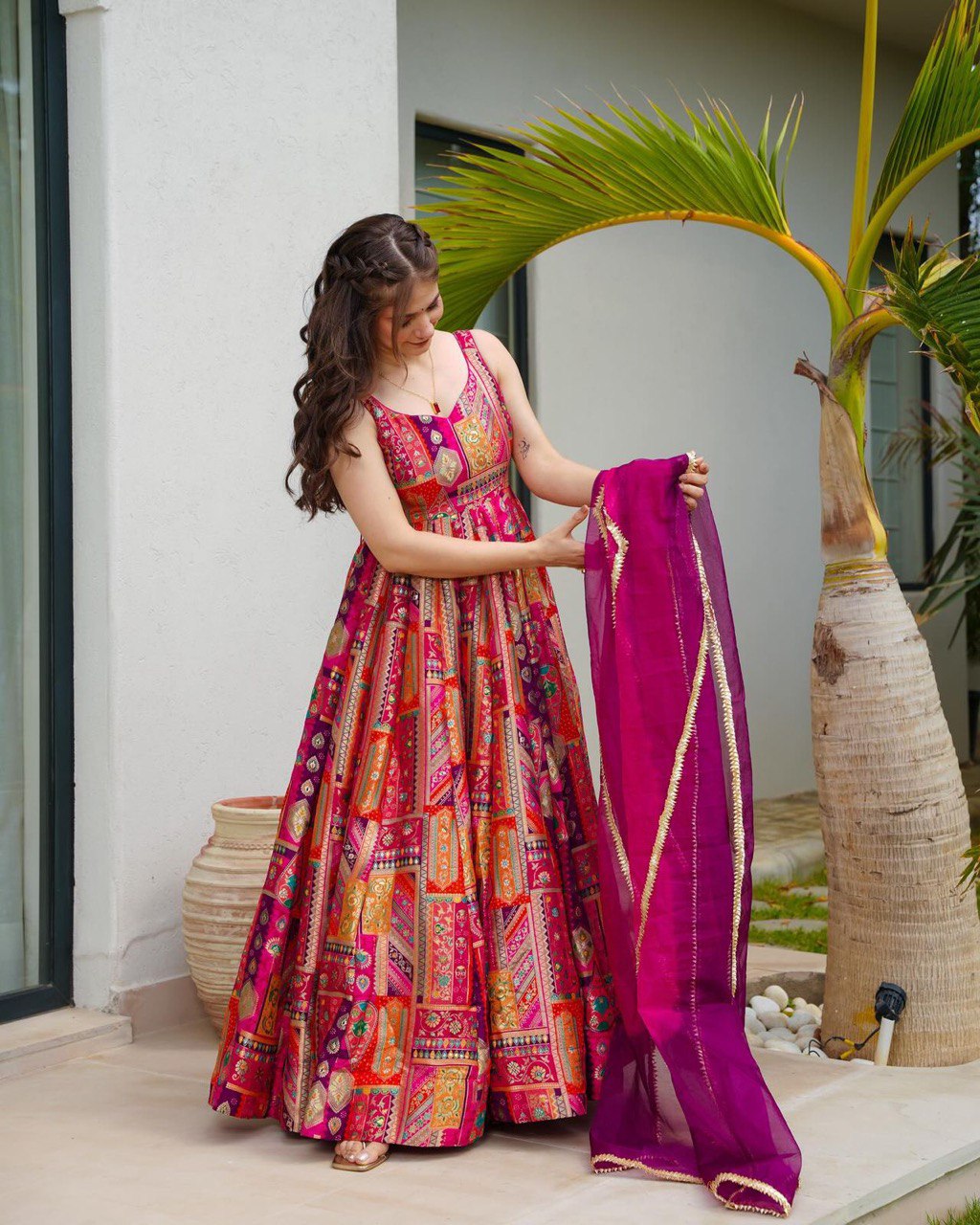 Pink Color With Multi Color Digital Printed Fully Flair Gown With Dupatta